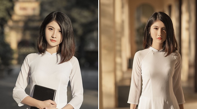 Nữ sinh ngành Thiết kế thời trang trong tà áo dài trắng tỏa sáng dưới nắng thu Hà Nội