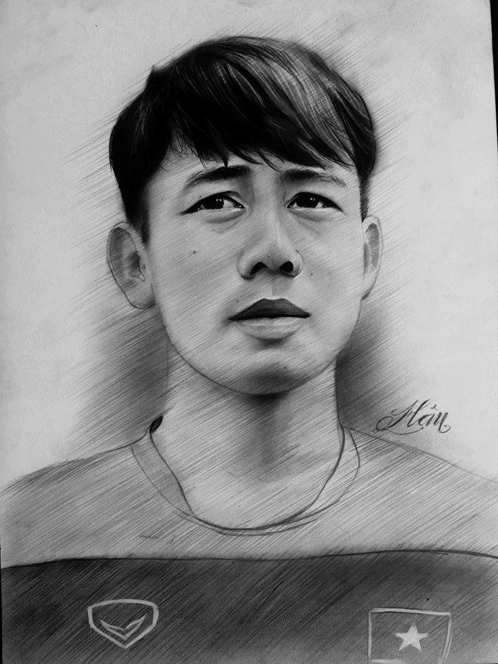 Pha ghi bàn để đời của Trần Minh Vương vào lưới Olympic Hàn Quốc ở hiệp 2 là nguồn cảm hứng cho Tấn Hậu vẽ chân dung nam cầu thủ.