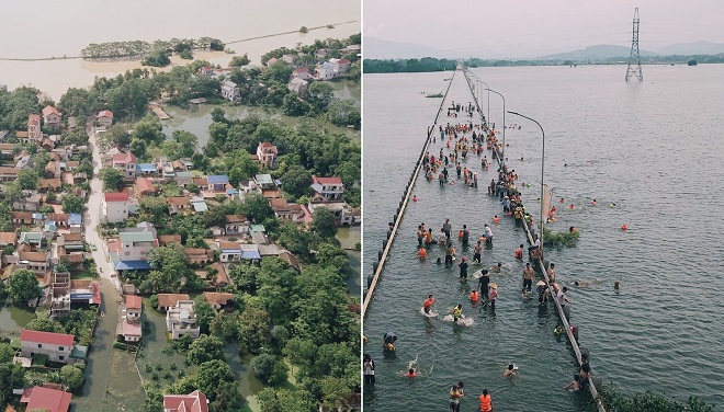 Ngoại thành Hà Nội ngập lụt phải sơ tán, người dẫn vẫn kéo nhau ra tỉnh lộ để bơi