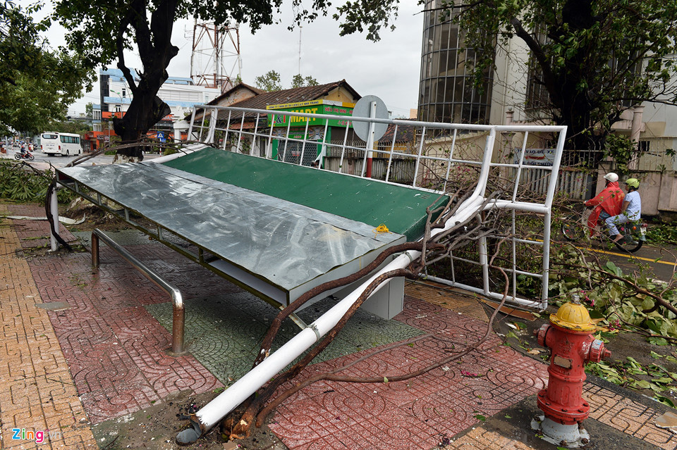 Nhà chờ xe buýt đổ gục gần khu vực tháp Trầm Hương (Nha Trang, Khánh Hòa). Nha Trang khoảng chục năm qua chưa có bão mạnh cấp 12 nên người dân ở đây vẫn còn tâm lý chủ quan.