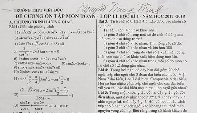 Giới thiệu đề cương ôn tập học kỳ 1 môn Toán lớp 11 của trường THPT Việt Đức