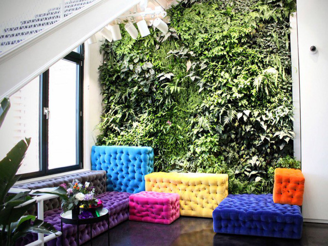 Ở góc văn phòng là bức tường phủ xanh trải dài đến 2 tầng và nhiều ghế ngồi đầy màu sắc để nằm nghỉ.