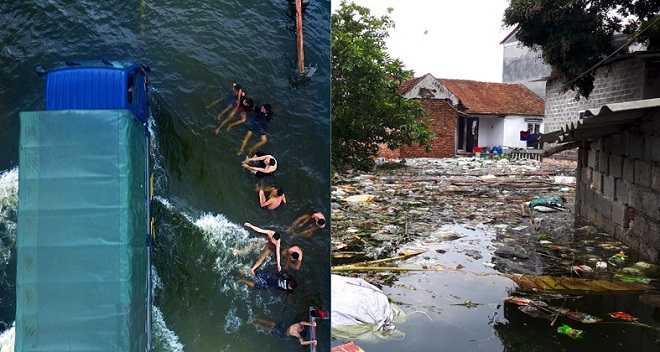 Tỉnh lộ biến thành bể bơi khi đường ngập tới mửa mét, thanh thiếu niên nô đùa trong nước. Nhiều nơi sau lũ rút để lại biển rác, dân phải dọn nhiều ngày.