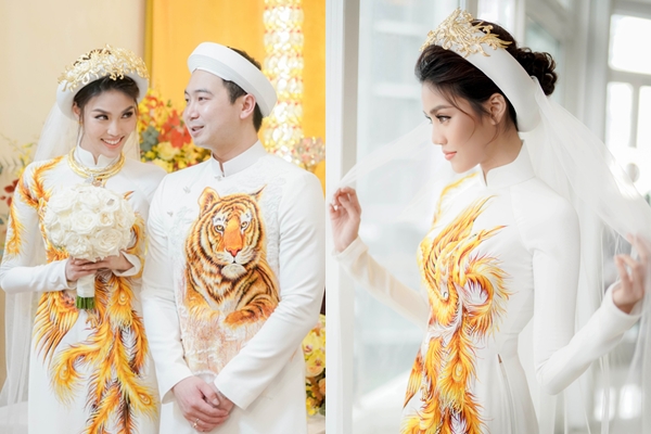 Bóc giá "khủng" bộ áo dài phượng hoàng được đính kết bằng tơ vàng của Lan Khuê trong lễ đính hôn
