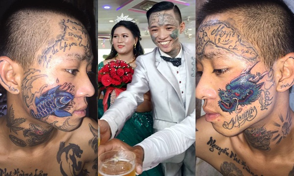 Chàng trai Khánh Hòa xăm trổ hổ báo kín mặt cưới được vợ hiền thảo gây bão mạng xã hội