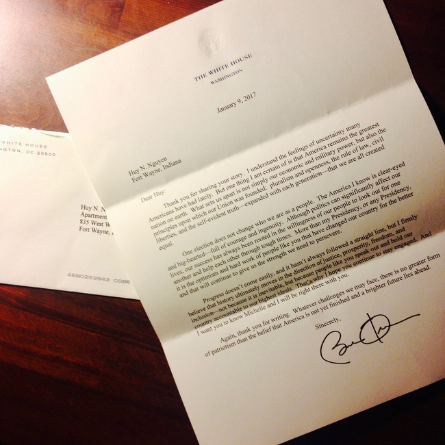 Với Huy, lời hồi đáp của Obama biểu tượng sự tử tế trong đời mà anh may mắn nhận được.