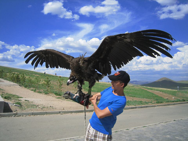 Thầy giáo môn du lịch chụp hình lưu niệm cùng đại bàng ở Mông Cổ