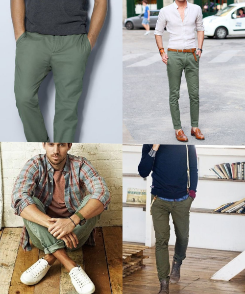 Chinos xanh olive thể hiện sự dễ tính khi đi cùng các trang phục khác và hài hòa với tất cả các sắc màu 