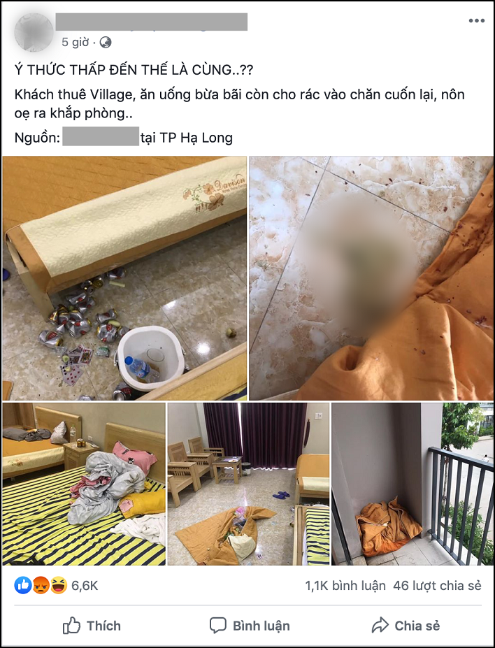 Dân mạng choáng váng với nhóm người thuê Village ở Hạ Long ăn chơi, nôn ọe khắp phòng, xả rác cho vào chăn quấn lại