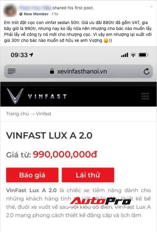 Vừa nhận xe, chủ nhân VinFast Lux A2.0 đã giao bán 860 triệu đồng, chấp nhận lỗ