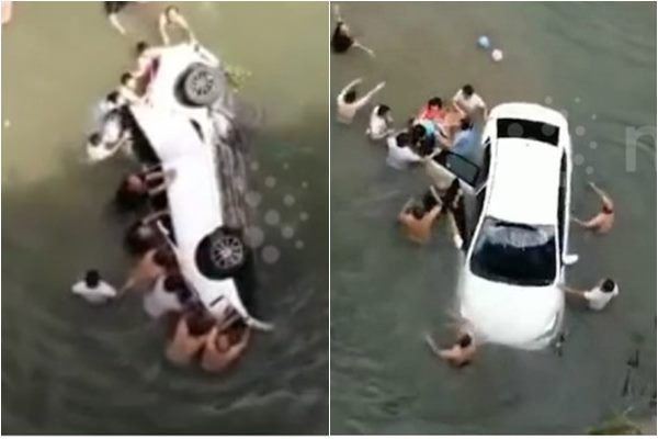 Người dân lao xuống sông cứu em bé 1 tuổi bị mắc kẹt trong xe ô tô đang chìm nghỉm