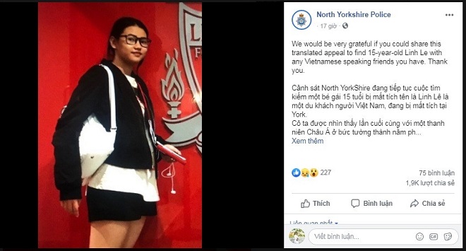 Cảnh sát Anh kêu gọi cộng đồng tìm kiếm nữ du khách Việt 15 tuổi mất tích