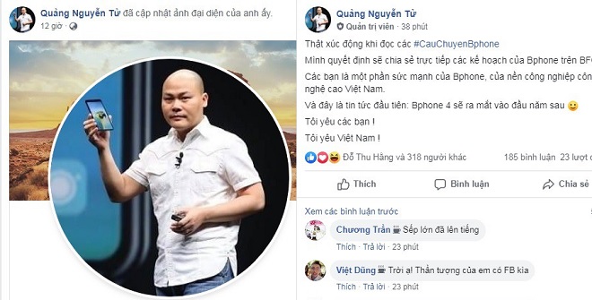 CEO BKAV Nguyễn Tử Quảng bất ngờ lên Facebook tuyên bố Bphone 4 ra mắt đầu năm sau
