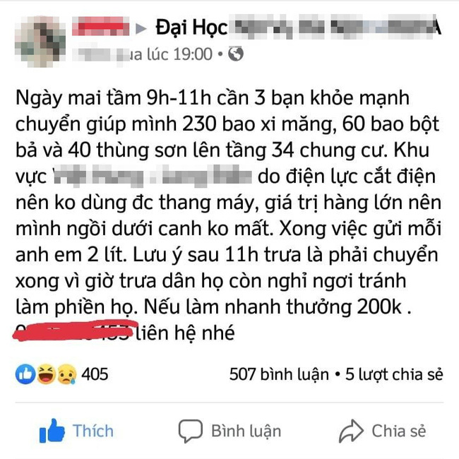 Thuê người vác bộ 230 bao xi măng, 60 bao bột bả, 40 thùng sơn lên tầng 34 với thù lao 200k, cô gái bị mắng thậm tệ