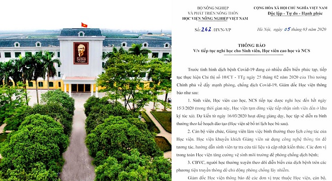Học viện Nông Nghiệp Việt Nam thông báo cho sinh viên nghỉ học tiếp đến hết ngày 15/3