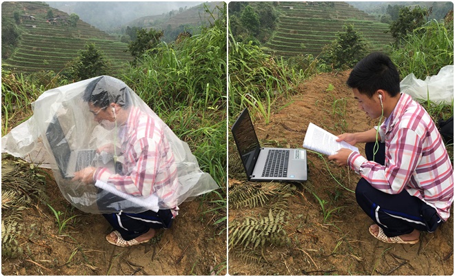 Nam sinh vùng cao lặn lội 10 km lên núi mỗi ngày để học online: Trời mưa thì che máy tính, người ướt sũng