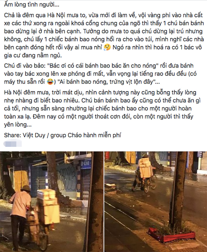 Ấm lòng tình người giữa đêm mưa Hà Nội: Người bán hàng rong dúi chiếc bánh bao nóng hổi vào tay cụ già vô gia cư