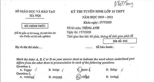 Đáp án môn Tiếng Anh kỳ thi tuyển sinh vào lớp 10 năm 2020 tại Hà Nội