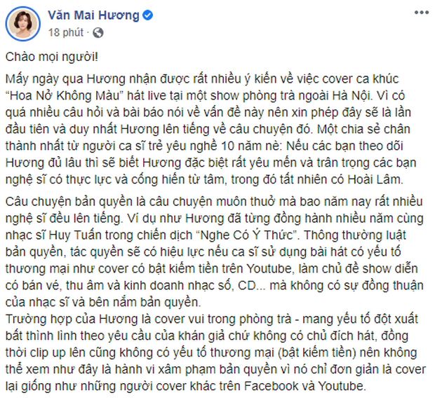 Văn Mai Hương lên tiếng khi bị chỉ trích cover bài hit của Hoài Lâm không xin phép