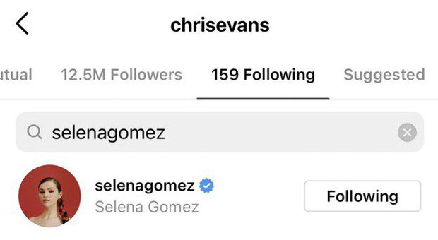 chris evans follow tài khoản instagram của selena gomez