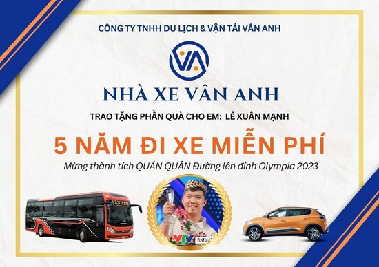 Vân Anh Limousine tặng 5 năm đi xe miễn phí cho nhà vô địch Đường lên đỉnh Olympia 2023