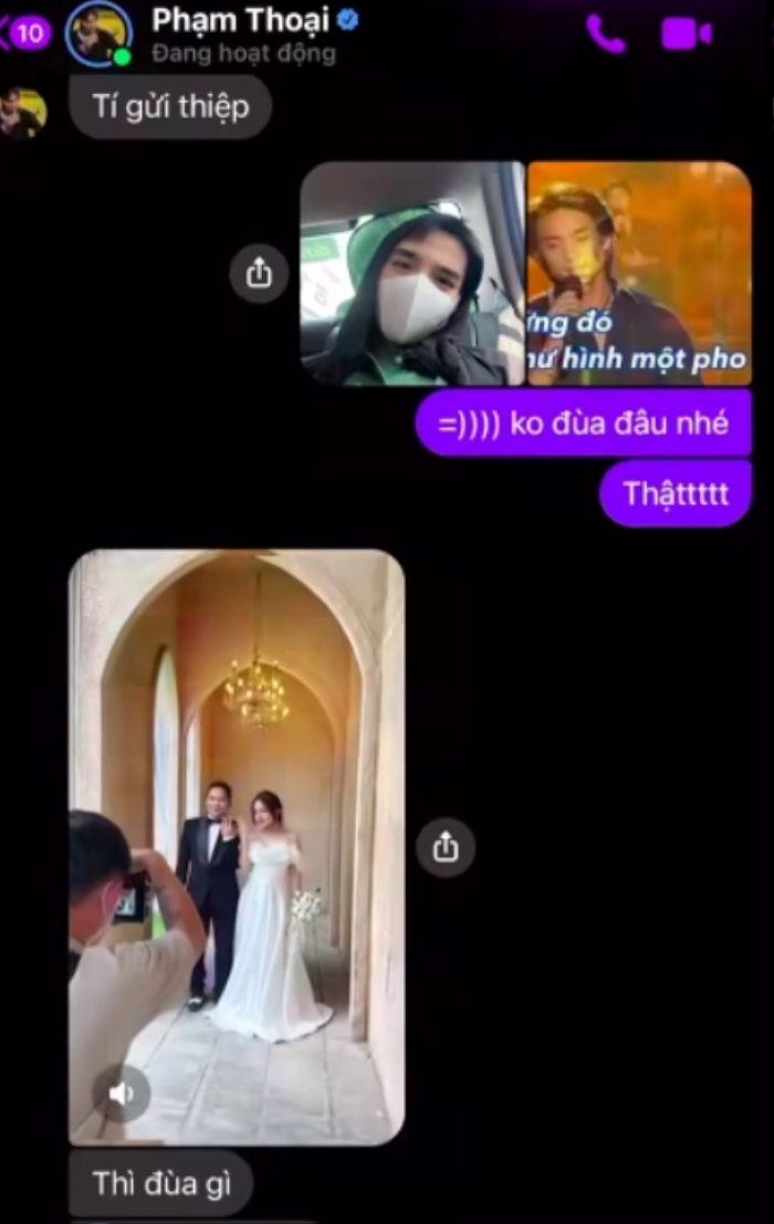 Tun Phạm công khai đoạn tin nhắn trao đổi giữa anh và Phạm Thoại, qua đó, hé lộ hậu trường chụp ảnh cưới của Phạm Thoại