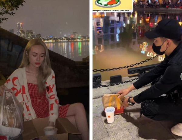 Khó hiểu: Hai bạn trẻ Việt "bắt trend" Trung Quốc mang đồ ăn ra Hồ Tây để cầu nguyện cho Mèo Béo