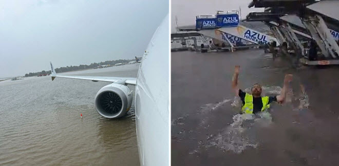 Lũ lụt ở sân bay khiến nhân viên biến đường băng thành bể bơi